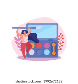 Makeup flat icon with palette of eyeshadows and woman holding cosmetic brush vector illustration