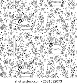 Makeup with flower doodle sketch Seamless pattern. Vector graphic line illustration. Black and white cosmetic makeup art. design for fashion graphics, textile prints, fabrics, wallpapers.
