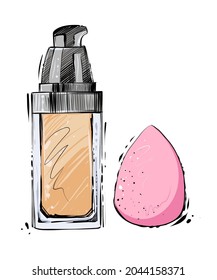 Makeup foundation and beauty sponge, hand drawn vector illustration, color