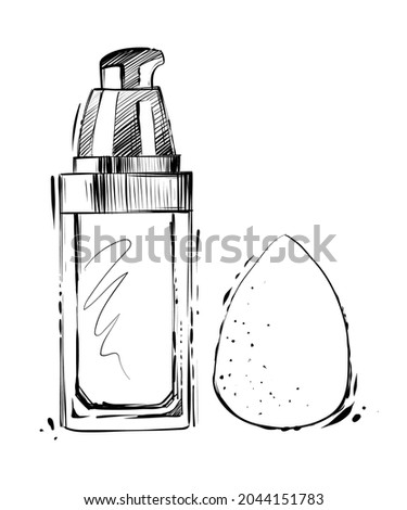 Makeup foundation and beauty sponge, hand drawn vector illustration, monochrome