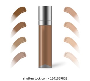 Makeup foundation bottle with make-up foundation smudges color shade palette, vector illustration.