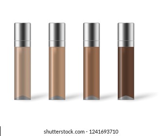 Make-up foundation different color shades, vector mock-up. Glass bottle with metal cap, mockup set.