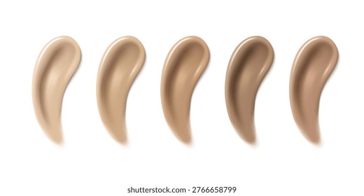 Makeup foundation swatches set isolated on white background. Vector realistic illustration of natural skin color BB cream strokes, light beige and dark tone concealer drops, cosmetic smudge texture