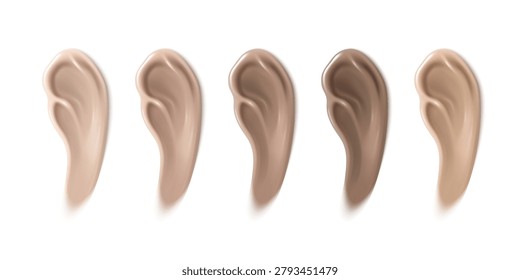 Makeup foundation swatches set isolated on white background. Vector realistic illustration of natural skin color BB cream strokes, light beige and dark tone concealer drops, cosmetic smudge texture
