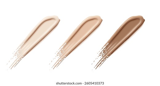 Makeup foundation swatches. Smears of liquid concealer. Beige textured creams. Face cosmetic product. Beauty industry. Realistic vector Illustration set.