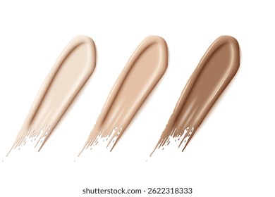 Amostras de fundação de maquiagem. Esfregaços de dissimulador de líquido. Cremes texturizados bege. Produto cosmético facial. Indústria da beleza. Conjunto de ilustrações de vetor realista.