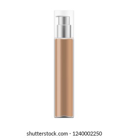 Makeup foundation, vector mock-up. Glass bottle with dispenser and clear transparent lid.