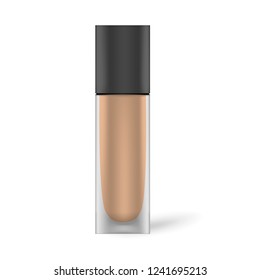 Make-up foundation, vector mock-up. Glass bottle with black plastic cap isolated on white background, mockup.