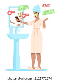 Makeup Guru Semi Flat RGB Color Vector Illustration. Beauty Blogger With Face Mask Talking To Viewers Isolated Cartoon Character On White Background