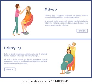 Makeup and hair styling web posters with text. Spa salon visagiste and hairdresser vector. Woman making new hairstyle, wavy locks, face beautification