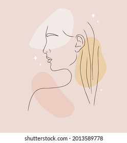 Makeup or hairstyle concept. Abstract woman portrait on beige background with different shapes. Vector illustration in trendy linear style. Logo for beauty studio, center or haircut salon.