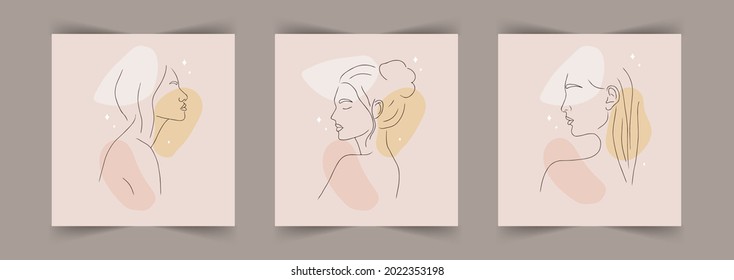 Makeup or hairstyle concept. Abstract woman portrait on beige background with different shapes. Vector illustration in trendy linear style. Set of logos for beauty studio, center or haircut salon.