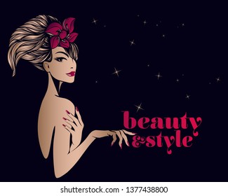 Makeup, hairstyle and nail art illustration.Beautiful stylish woman wearing a flower in her wavy hair.Beauty, manicure and hair salon logo.Spa&Aesthetics icon isolated on dark background.