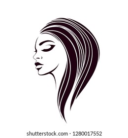 Makeup and hairstyle vector illustration.Beauty and hair salon logo representing a long, wavy hair woman portrait.Style icon isolated on white background.