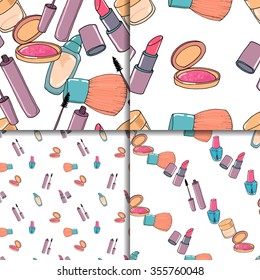 Makeup hand drawn seamless pattern set. Mascara, eye shadow, concealer, blusher on white background.
