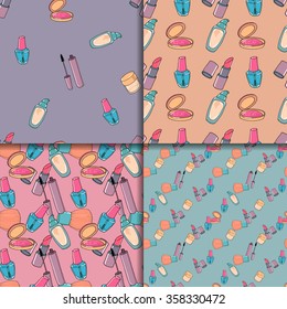 Makeup hand drawn seamless pattern set. Mascara, lipstick, concealer and blusher. Four vector backgrounds