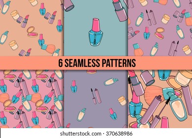 Makeup hand drawn seamless pattern set. Mascara, lipstick, concealer and blusher. Six vector backgrounds