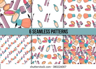 Makeup hand drawn seamless pattern set. Mascara, lipstick, concealer, blusher on white background.