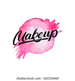 Makeup hand written lettering logo, label, emblem with watercolor splash. Isolated on white background. Vector illustration.