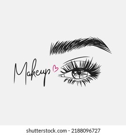 Makeup, handwritten quotes, eye with long eyelashes, beautiful thick eyebrow, doodle style drawing