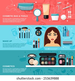 Makeup horizontal banner set with cosmetic bag and tools elements isolated vector illustration