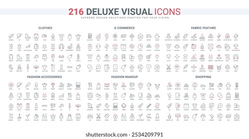 Makeup and hygiene kit, fashion accessory and clothes for shopping, ecommerce orders basket line icon set. Shop app settings, fabric feature thin black and red outline symbols vector illustration