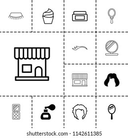 Makeup icon. collection of 13 makeup filled and outline icons such as hairstyle, cream box, beauty salon, cream, perfume, mirror. editable makeup icons for web and mobile.