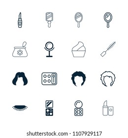 Makeup icon. collection of 16 makeup filled and outline icons such as mirror, hairstyle, eyeshadow palette, lipstick, eyelash, cream. editable makeup icons for web and mobile.