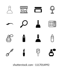 Makeup icon. collection of 16 makeup filled and outline icons such as perfume, mirror, spa bag, lipstick, beauty salon, mascara. editable makeup icons for web and mobile.