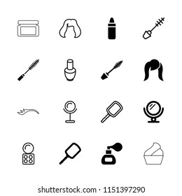 Makeup icon. collection of 16 makeup filled and outline icons such as mirror, lipstick, mascara, nail polish, eyeshadow palette. editable makeup icons for web and mobile.