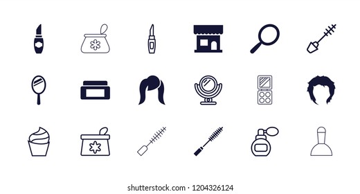 Makeup icon. collection of 18 makeup filled and outline icons such as cream box, mirror, beauty salon, hairstyle, perfume, cream. editable makeup icons for web and mobile.