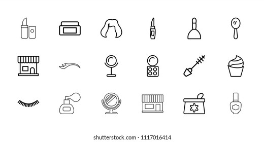 Makeup icon. collection of 18 makeup outline icons such as cream box, beauty salon, spa bag, eyelash, mirror, cream, make up bag. editable makeup icons for web and mobile.