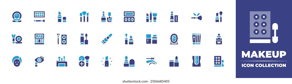 Icono de maquillaje colección. Color duotono. Ilustración vectorial. Contiene maquillaje, sombra de ojos, cejas, lápiz labial, brillo de labios, rubor, delineador de ojos, espejo, belleza, base.