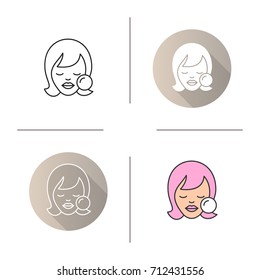 Makeup icon. Flat design, linear and color styles. Woman's face with makeup sponge. Blush application. Cosmetic removing. Isolated vector illustrations