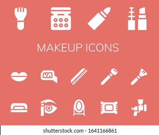 makeup icon set. 14 filled makeup icons.  Simple modern icons such as: Makeup, Eye shadow, Lipstick, Make up, Nail dryer, Lips, Eyebrow pencil, Mirror, Comb, remover, Airbrush