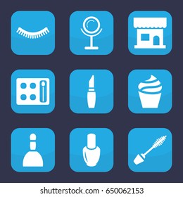 Makeup icon. set of 9 filled makeup icons such as nail polish, beauty salon, spa bag, eyelash, mirror, cream, mascara, eyeshadow palette