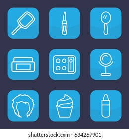 Makeup icon. set of 9 outline makeup icons such as cream box, mirror, lipstick, cream, hairstyle
