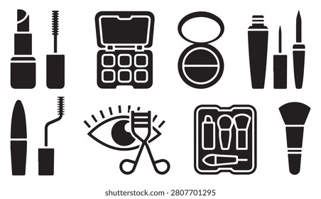 Makeup icon set, beauty product silhouettes including lipstick, mascara, eyeshadow palette, blush, and brushes.