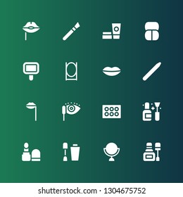 makeup icon set. Collection of 16 filled makeup icons included Nail polish, Mirror, Make up, Eyeshadow, Mascara, Lips, Nail brush, Makeup, Cosmetics