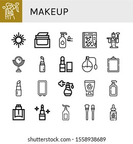 makeup icon set. Collection of Kiss, Mirror, Face cream, Lotion, Beauty, Kabuki, Lipstick, Perfume, Cologne, Makeup brushes, Serum icons