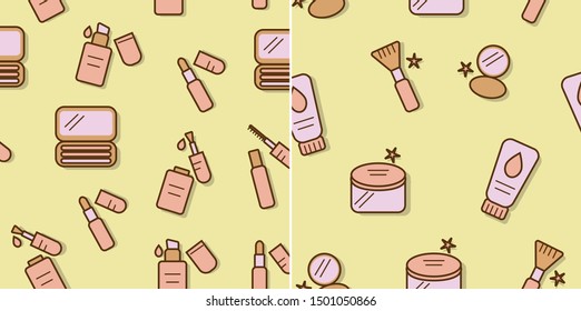 Makeup icon set. The set consists of: cosmetics, lipstick, eyeshadow, mascara, cream, nail polish. Vector pattern