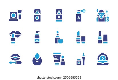 Makeup icon set. Duotone color. Vector illustration. Containing makeupartist, makeup, lipstick, liquideyeliner, spray, foundation, sponge, toner, blush, cosmetics.