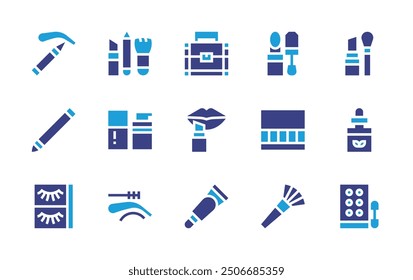 Makeup icon set. Duotone color. Vector illustration. Containing makeup, makeuppalette, eyeshadow, eyebrow, eyepencil, lipstick, eyelashes, brush, serum, foundation, lipgloss.
