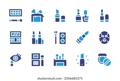 Conjunto de iconos de maquillaje. Color duotono. Ilustración vectorial. Contiene maquillaje, sombra de ojos, lápiz labial, rubor, delineador de ojos, máscara facial, polvo.