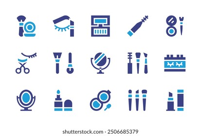 Makeup icon set. Duotone color. Vector illustration. Containing handmirror, makeupbrushes, makeup, brushes, lipstick, mascara, foundation, eyebrows, powder, eyelashes.