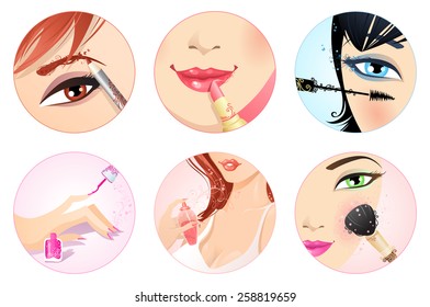 Make-up icon set. Health and beauty icons with floral vintage elements. Eyebrow pencil, lipstick, mascara, nail polish, perfume and rouge with brush.