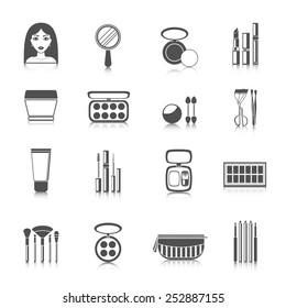 Makeup icons black set with woman face mirror powder mascara isolated vector illustration