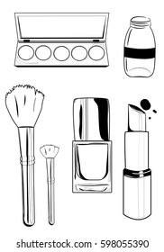 Makeup icons. Cosmetics set. Nail polish, lipstick, eye shadows, brush, Vector design for poster, banner, website, business cards.