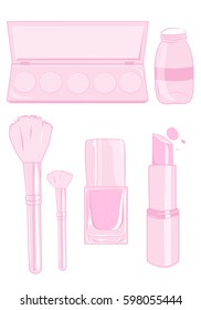 Makeup icons. Cosmetics set. Nail polish, lipstick, eye shadows, brush. Vector design for poster, banner, website, business cards.