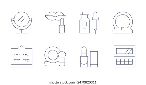 Makeup icons. Editable stroke. Containing eyelashes, eyeshadow, handmirror, lipstick, makeup, powder.